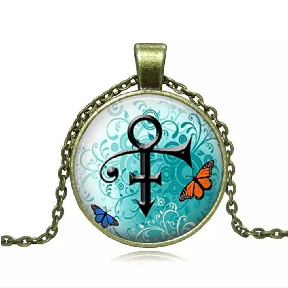 Prince Inspired Symbol Necklace Butterfly Pendant Charm Chain Purple Rain Bronze